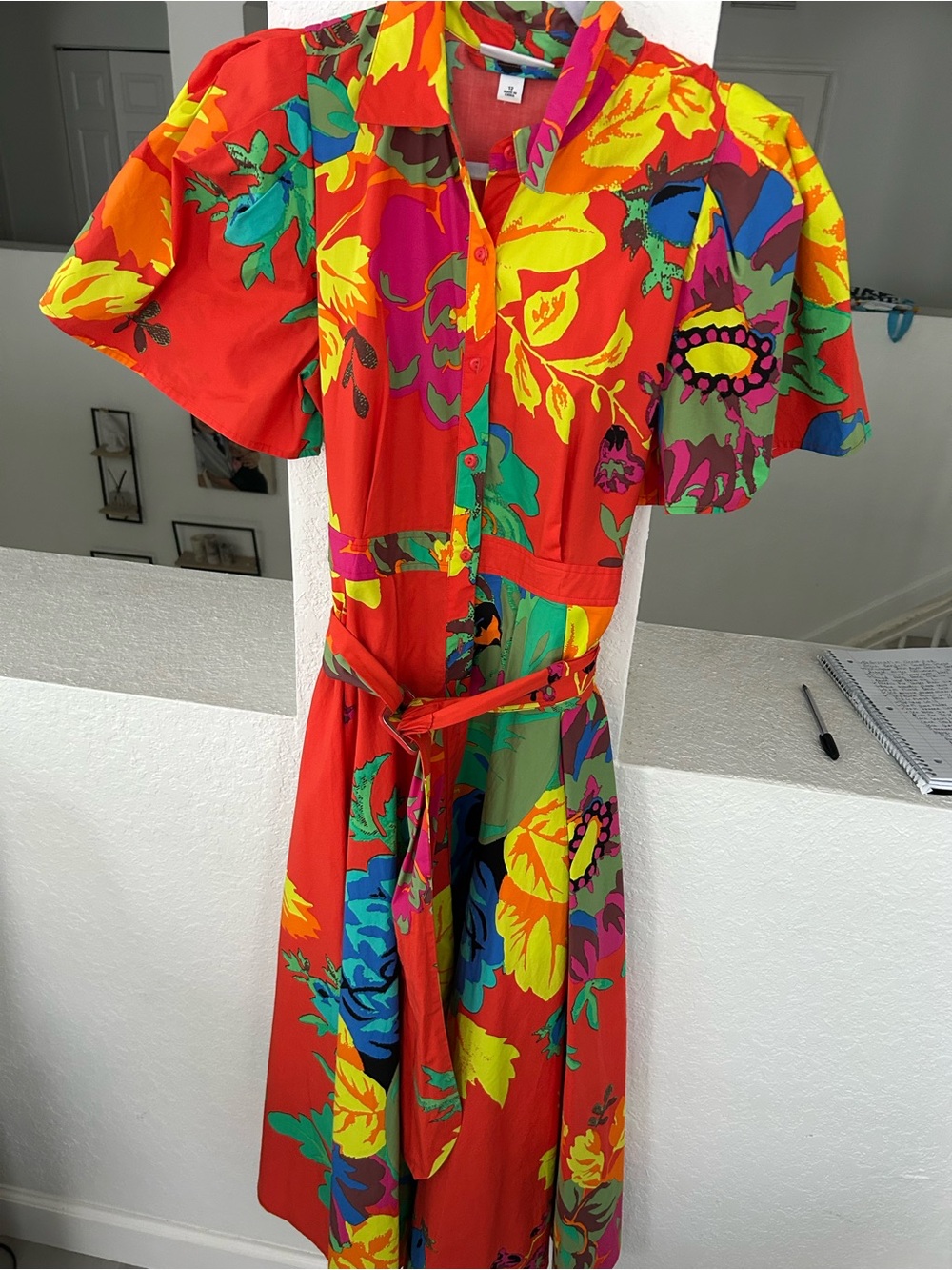 Tropical Red Floral Button-Front Midi Dress with Tie Waist